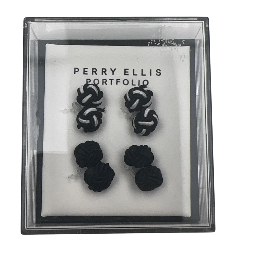 Perry Ellis Portfolio Mens Knotted Fabric Cufflinks Set Black White GPC0018M